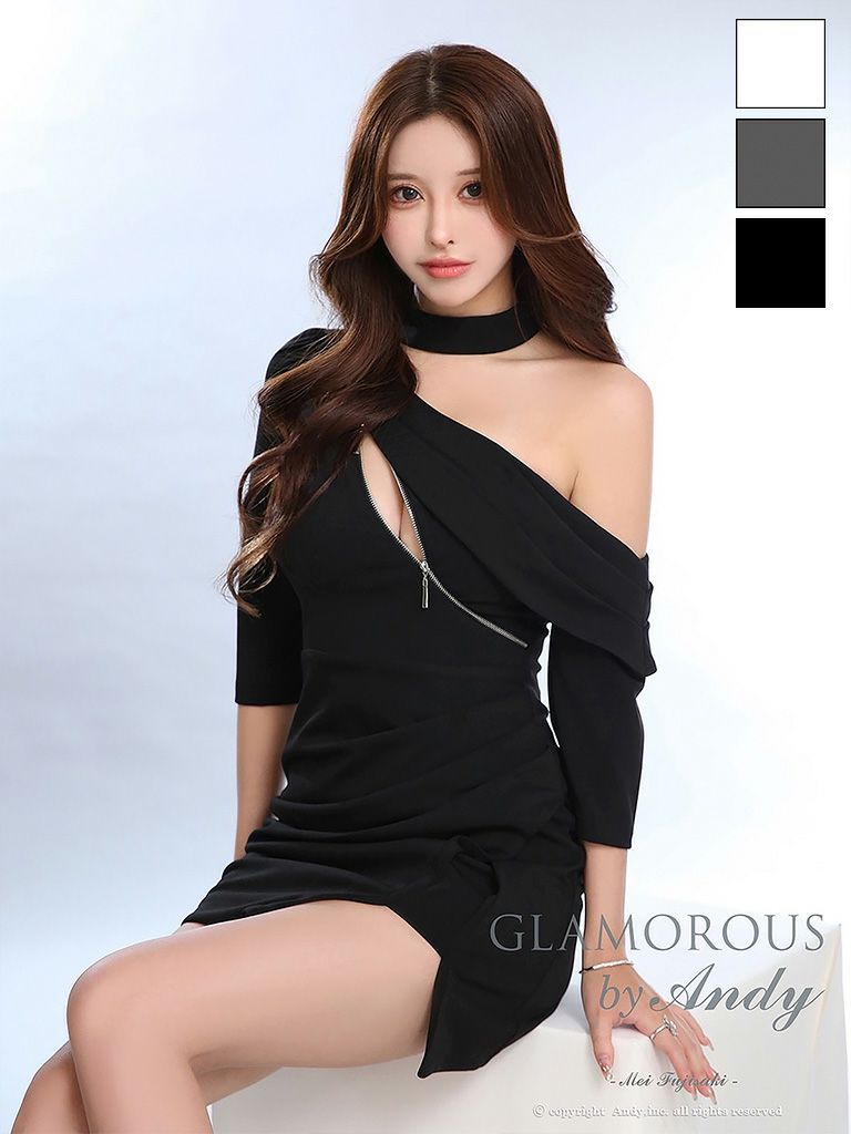 キャバドレス GLAMOROUS ワンショルダー 袖あり 取り外し可能 ジップデザイン タック アシンメトリー スリット タイトミニドレス