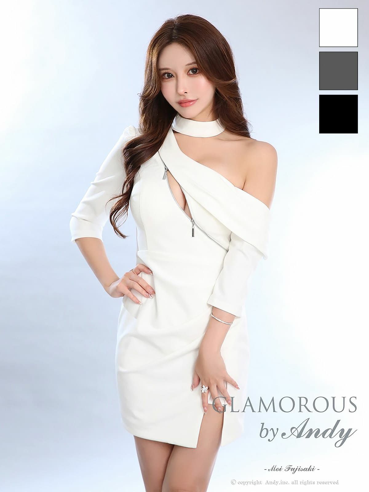 キャバドレス GLAMOROUS 袖あり 取り外し可能 ワンショルダー ジップデザイン タック アシンメトリー スリット タイトミニドレス