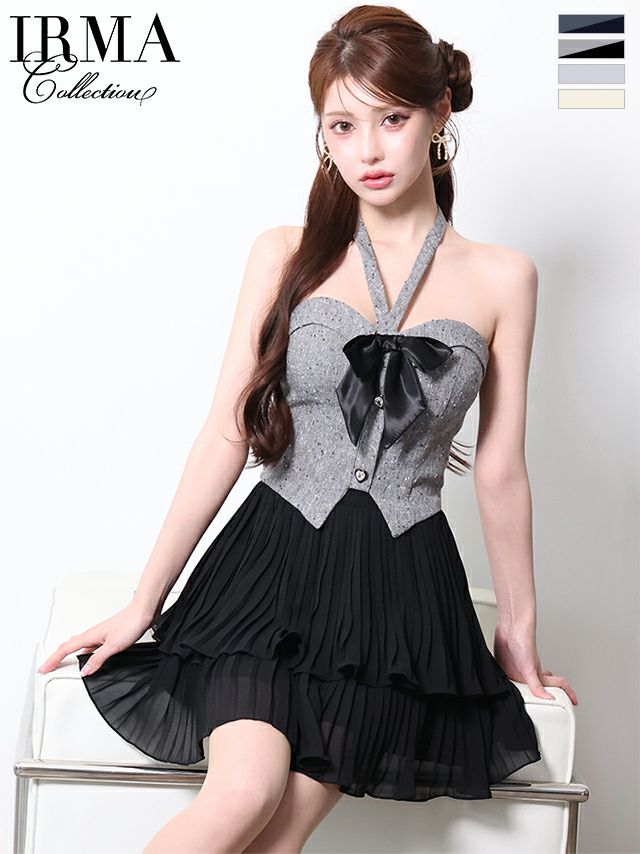 キャバドレス IRMA イルマ ホルターネック バストリボン セットアップ フリルスカート ガーリー ツイード シフォン フレアミニドレス