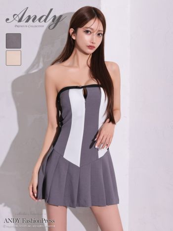 キャバドレス Andy ジップデザイン ストライプ ベアトップ プリーツ フレアミニドレス