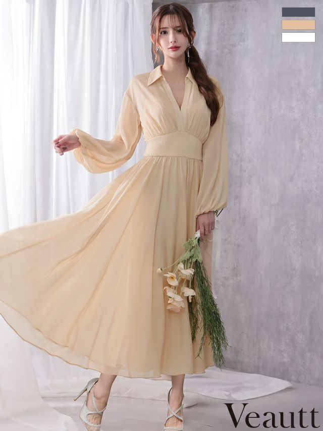 新品未使用Veautt/ヴュート ドレス タグ付き Veautt/ヴュート】長袖 襟付き Vネック ウエストマーク シフォン ワン