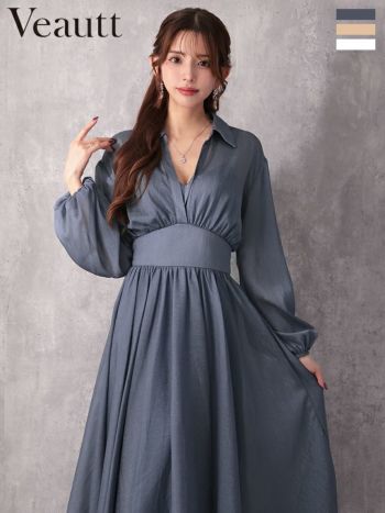 Veautt/ヴュート】長袖 襟付き Vネック ウエストマーク シフォン ワン