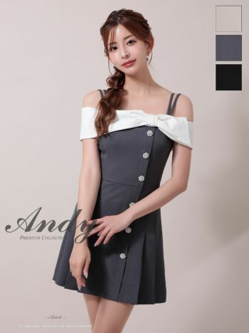新品未使用タグ付きAndyスパンコールオフショルリボンドレス定価41,800円 Andy/アンディ】リボン 肩あき バイカラー ボタン プリーツ フレアミニ