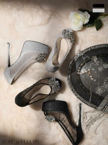 キャバヒール ROBEdeFLEURS ローブドフルール ビジュー ラインストーン メッシュ ラメ オープントゥ パンプス