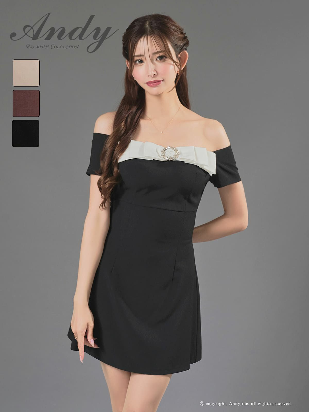 キャバドレス Andy オフショルダー 半袖 リボン ビジュー ブローチ フレアミニドレス