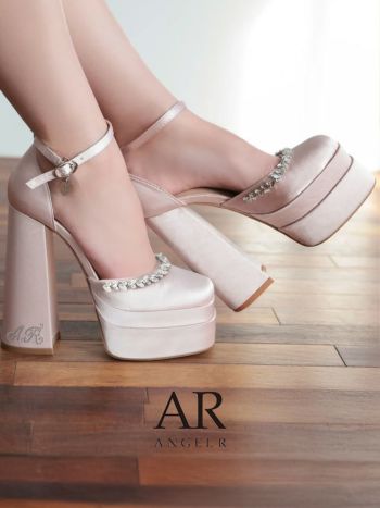 パンプス Angel R エンジェルアール ビジュー ロゴストーン ハートチャーム サテン 厚底 パンプス