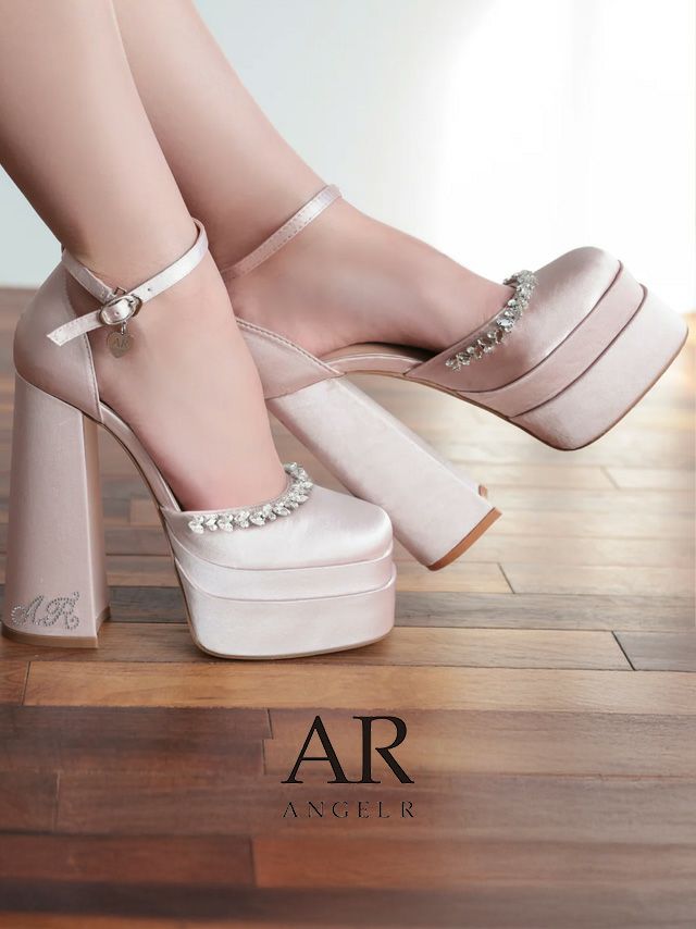 パンプス Angel R エンジェルアール ビジュー ロゴストーン ハートチャーム サテン 厚底 パンプス