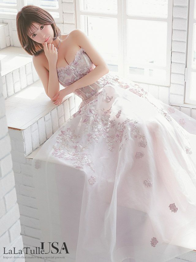 キャバドレス LaLaTulle USA インポート ベア オープンバスト バックレースアップ フラワー刺繍レース チュール ラメ バースデー Aラインロングドレス