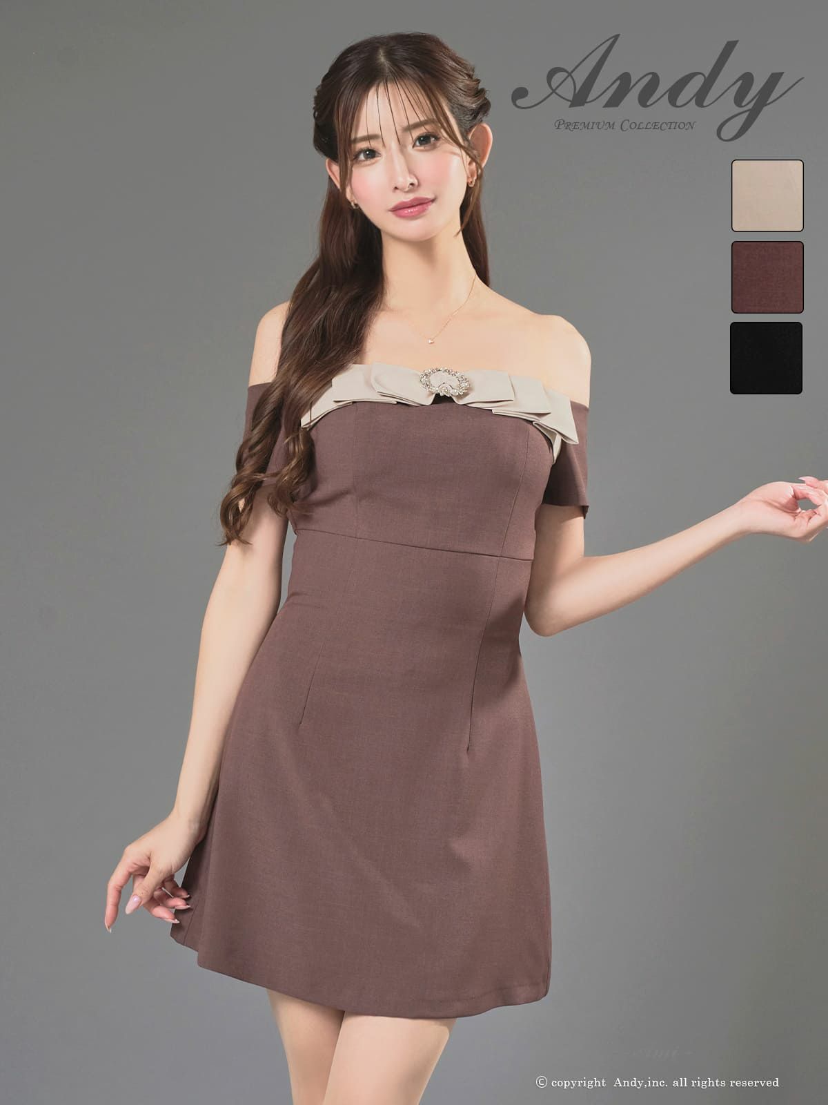 キャバドレス Andy 半袖 リボン オフショルダー ビジュー ブローチ フレアミニドレス