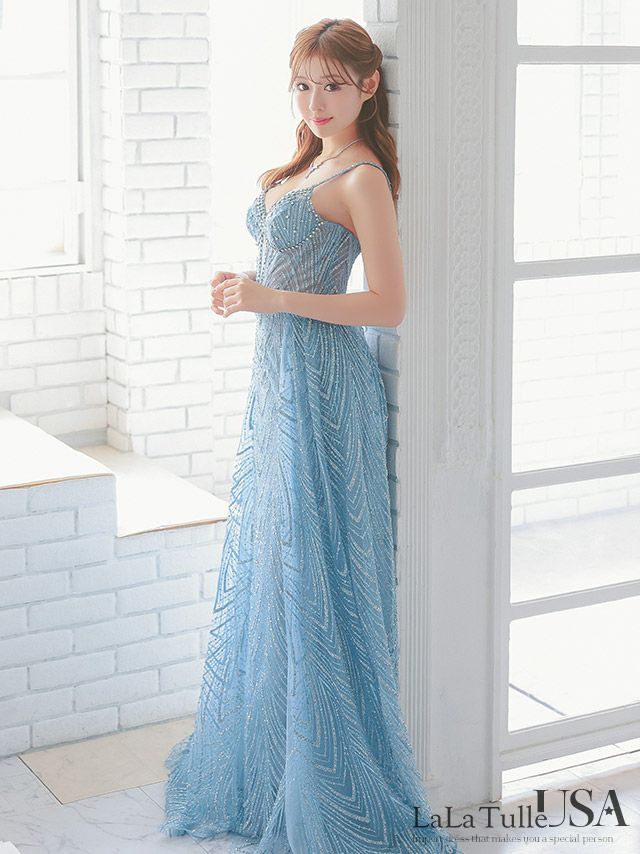 キャバドレス LaLaTulle USA インポート 2way キャミソール ハートカット ラメ刺繍 ビジュー バースデー Aラインロングドレス