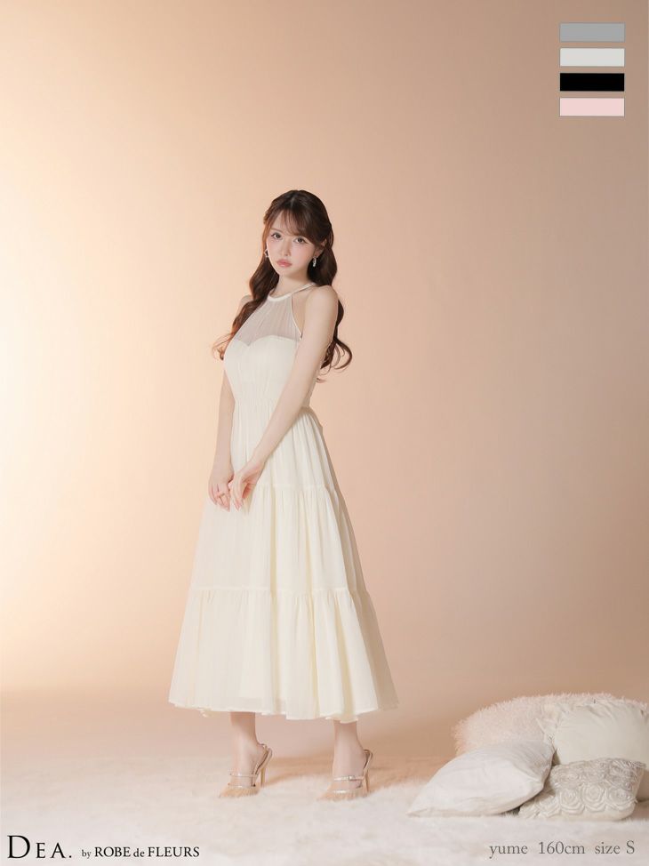 キャバドレス DEA. ROBE de FLEURS ディア ローブドフルール ホルターネック バックオープン リボン ラメ シフォン ティアードスカート キーホールカット Aラインロングドレス