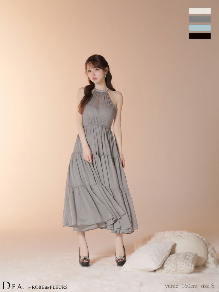 キャバドレス DEA. ROBE de FLEURS ディア ローブドフルール ボン ラメ シフォン ホルターネック バックオープン ティアードスカート キーホールカット Aラインロングドレス