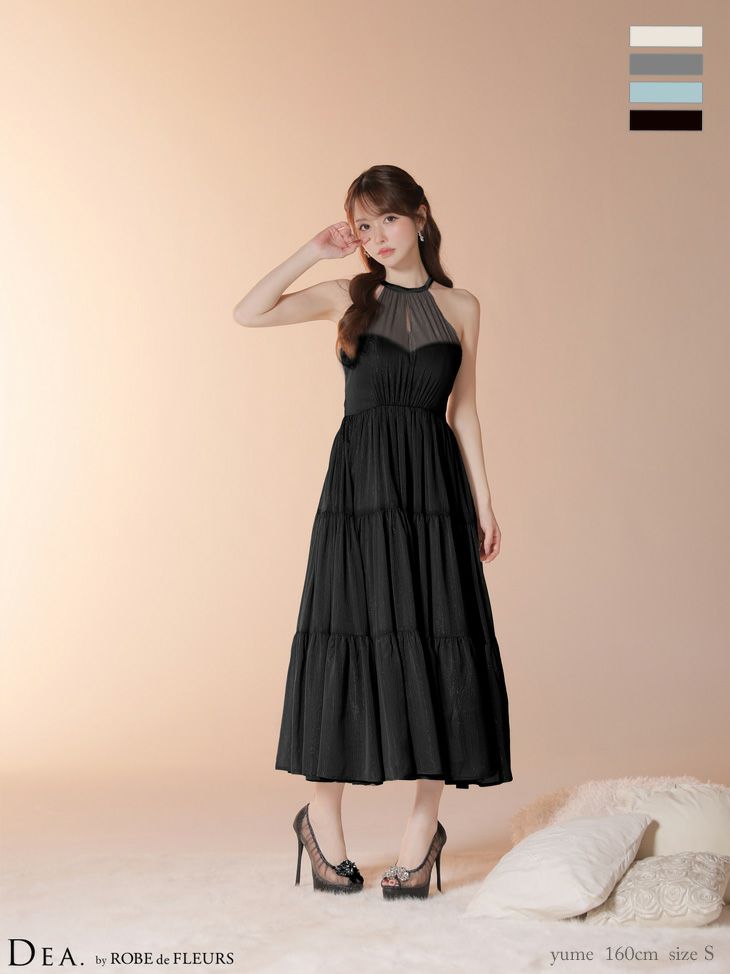 キャバドレス DEA. ROBE de FLEURS ディア ローブドフルール バックオープン リボン ラメ シフォン ホルターネック ティアードスカート キーホールカット Aラインロングドレス