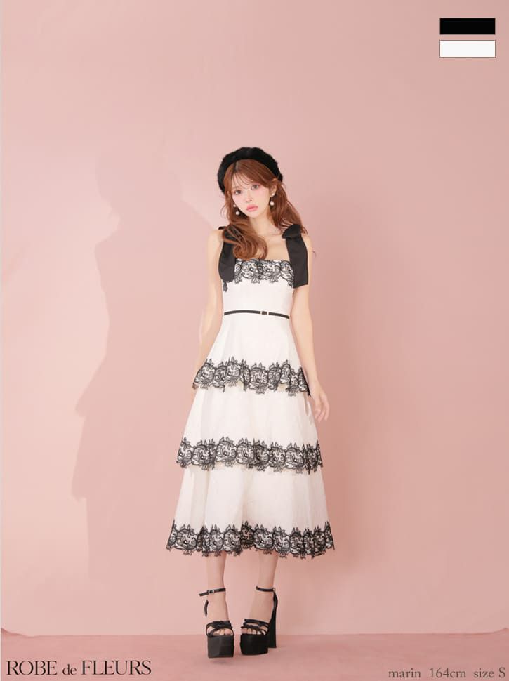 キャバドレス ROBEdeFLEURS ローブドフルール ショルダーリボン ウエストベルト ジャガード チュールレース ティアードスカート ノースリーブ Aラインロングドレス