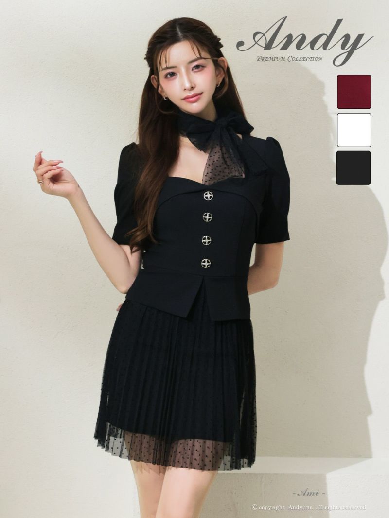 Andy/アンディ】ドット柄 半袖 ネック リボン チュール ビジュー