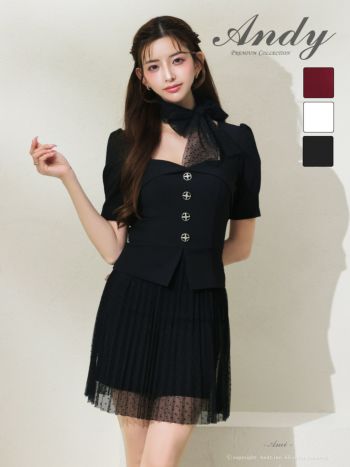 キャバドレス　Andy　ドット柄 半袖 ネック リボン チュール ビジュー ボタン スクエアネック フレアミニドレス