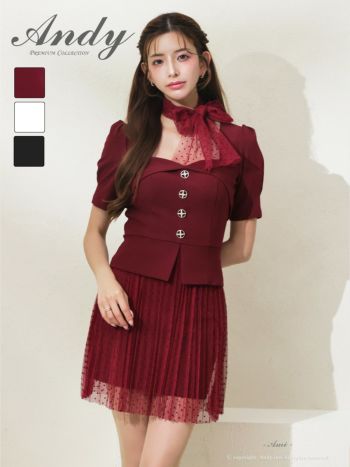 キャバドレス Andy ドット柄 ネック 半袖 リボン チュール ビジュー ボタン スクエアネック フレアミニドレス