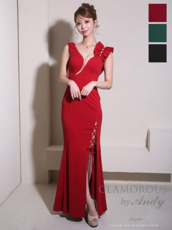 キャバドレス GLAMOROUS ノースリーブ バストカット フリル レースアップ スリット タイトロングドレス