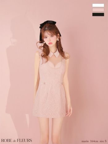 キャバドレス ROBEdeFLEURS ローブドフルール ノースリーブ デコルテレース ゴールドボタン 襟付き シースルー タイトミニドレス