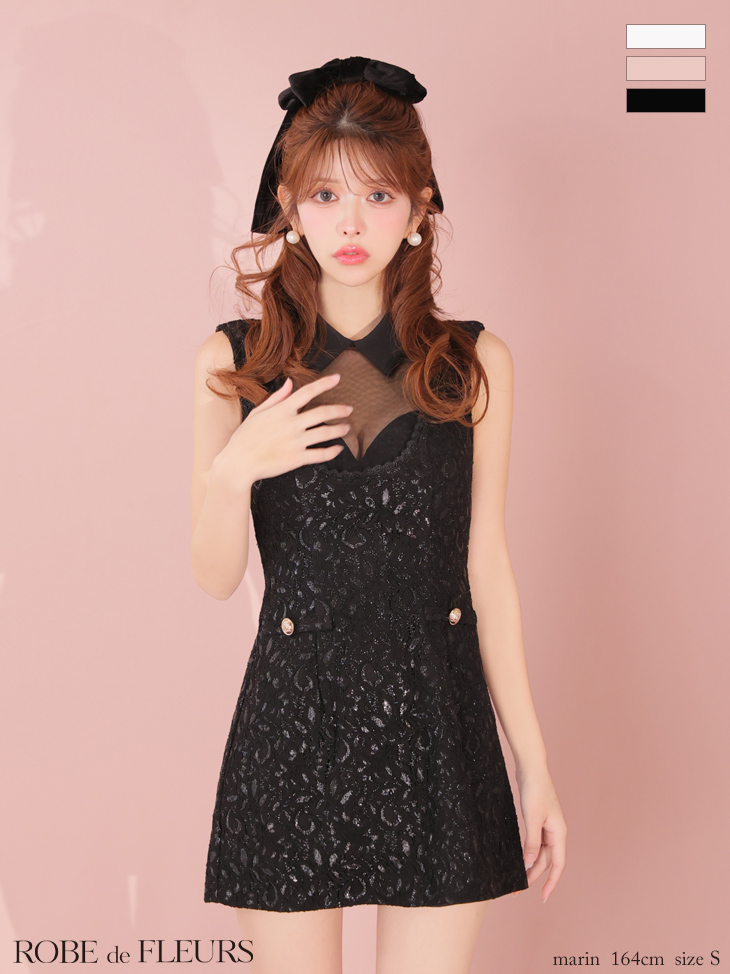 キャバドレス ROBEdeFLEURS ローブドフルール ノースリーブ ゴールドボタン 襟付き デコルテレース シースルー タイトミニドレス