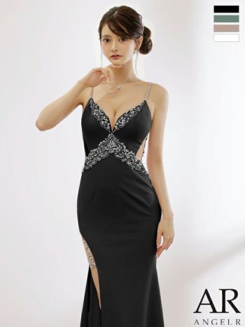 キャバドレス Angel R エンジェルアール フロントビジュー くびれ透け スリット キャミソール オープンバスト タイトロングドレス