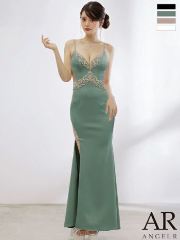 キャバドレス Angel R エンジェルアール くびれ透け スリット キャミソール オープンバスト フロントビジュー タイトロングドレス