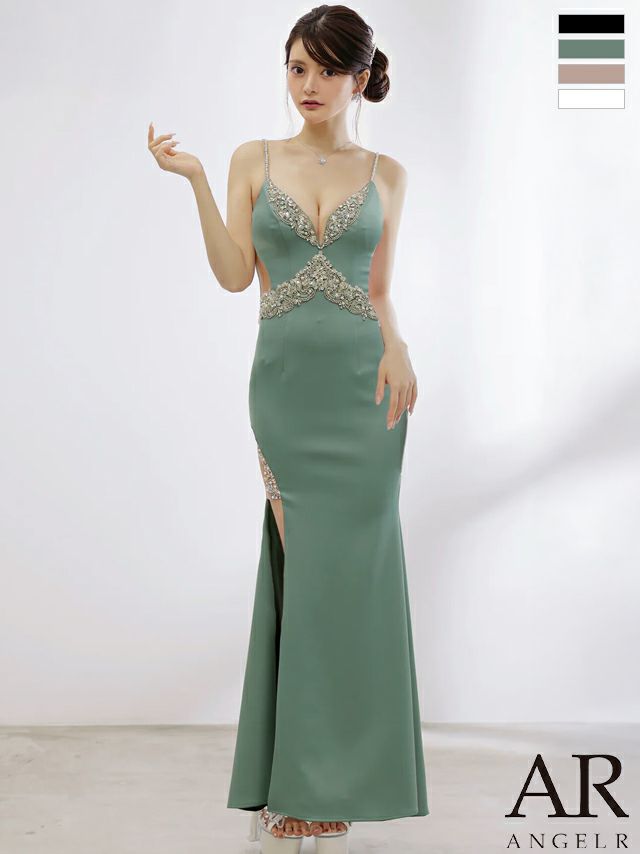 キャバドレス Angel R エンジェルアール くびれ透け スリット キャミソール オープンバスト フロントビジュー タイトロングドレス