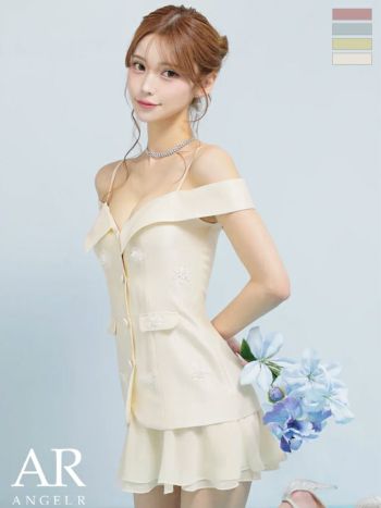 キャバドレス Angel R エンジェルアール 肩あき オープンバスト フロントボタン ポケット フラワー シフォン フレアミニドレス