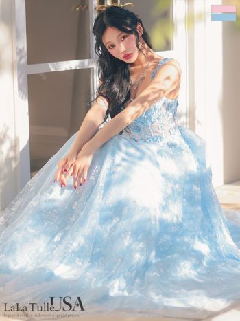 キャバドレス LaLaTulle USA インポート オープンバスト 3Dフラワー 刺繍 レース バックリボン ラメ バースデー キャミソール Aラインロングドレス