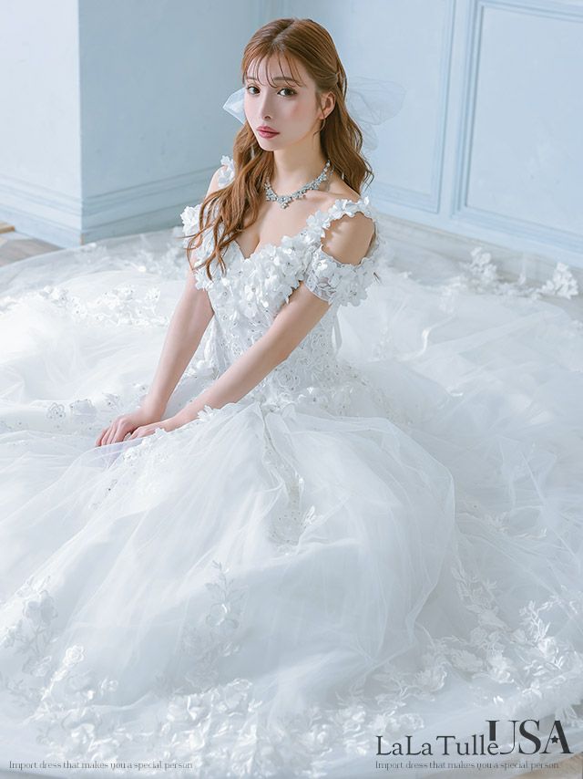 キャバドレス LaLaTulle USA インポート 肩あき オープンバスト 立体フラワー 刺繍 ビジュー バースデー Aラインロングドレス