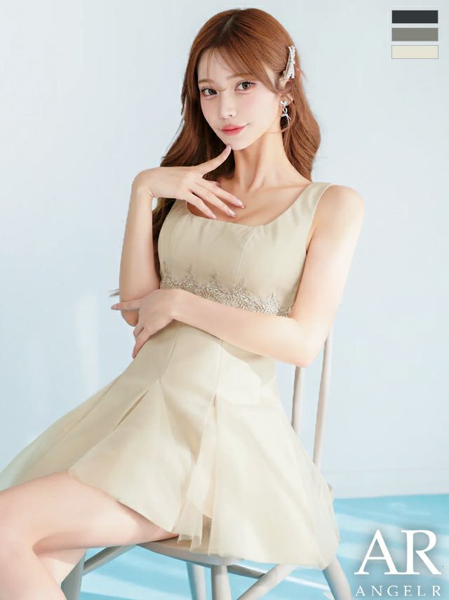 キャバドレス Angel R エンジェルアール ノースリーブ 切り替えデザイン フラワーレース メッシュ プリーツスカート フレアミニドレス