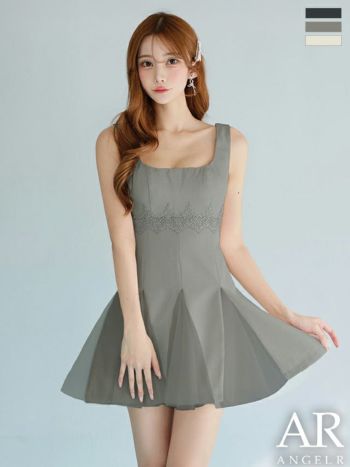 キャバドレス Angel R エンジェルアール 切り替えデザイン フラワーレース メッシュ プリーツスカート ノースリーブ フレアミニドレス