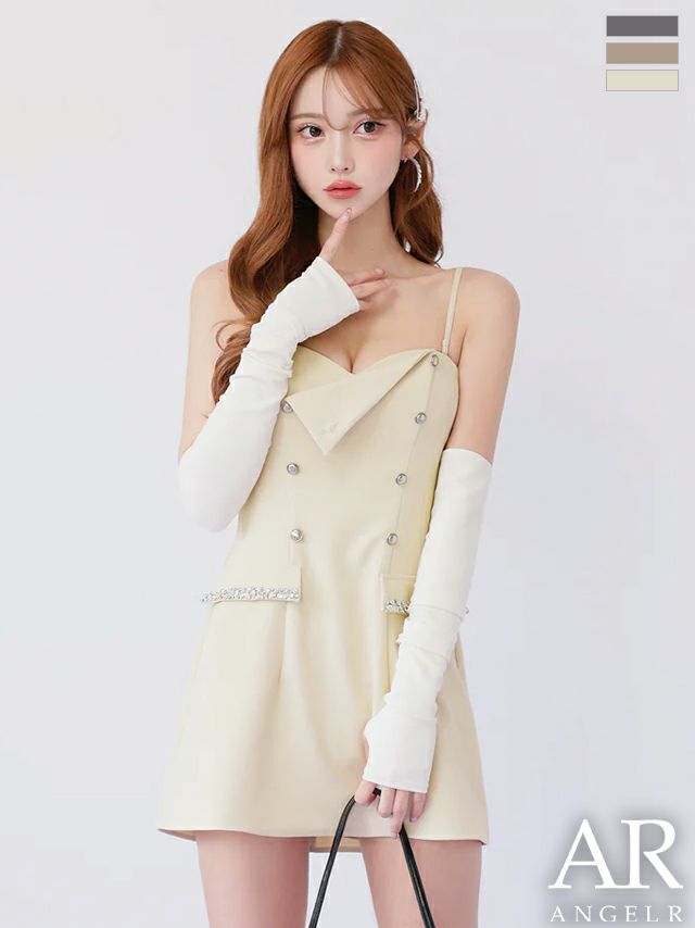 キャバドレス Angel R エンジェルアール 袖付き Wボタン ビジュー フェイクポケット ベアトップ キャミソール フレアミニドレス