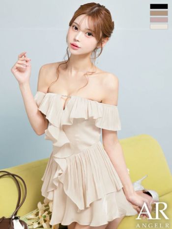 キャバドレス Angel R エンジェルアール オフショルダー 肩あき バストカット ビジューチェーン フリル シフォン フレアミニドレス
