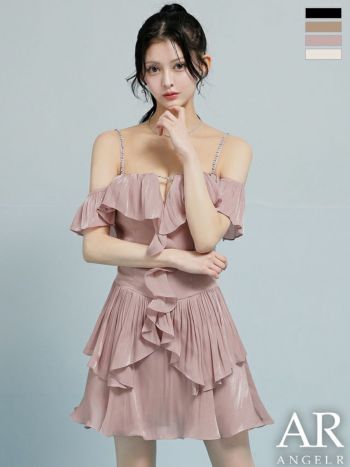 キャバドレス Angel R エンジェルアール ビジューチェーン フリル シフォン オフショルダー 肩あき バストカット フレアミニドレス