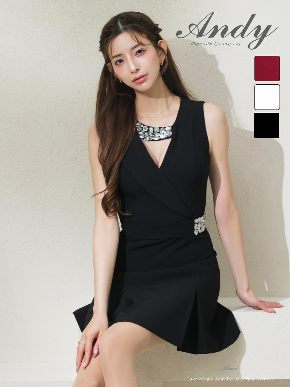 キャバドレス Andy ノースリーブ バストカット ビジュー タック ウエストベルト プリーツ 襟付き フレアミニドレス