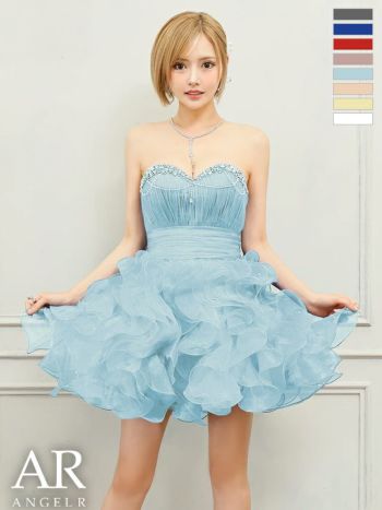 キャバドレス Angel R エンジェルアール ウエストマーク フリル バースデー ベアトップス ハートカット キャミソール ビジュー パールチェーン フレアミニドレス