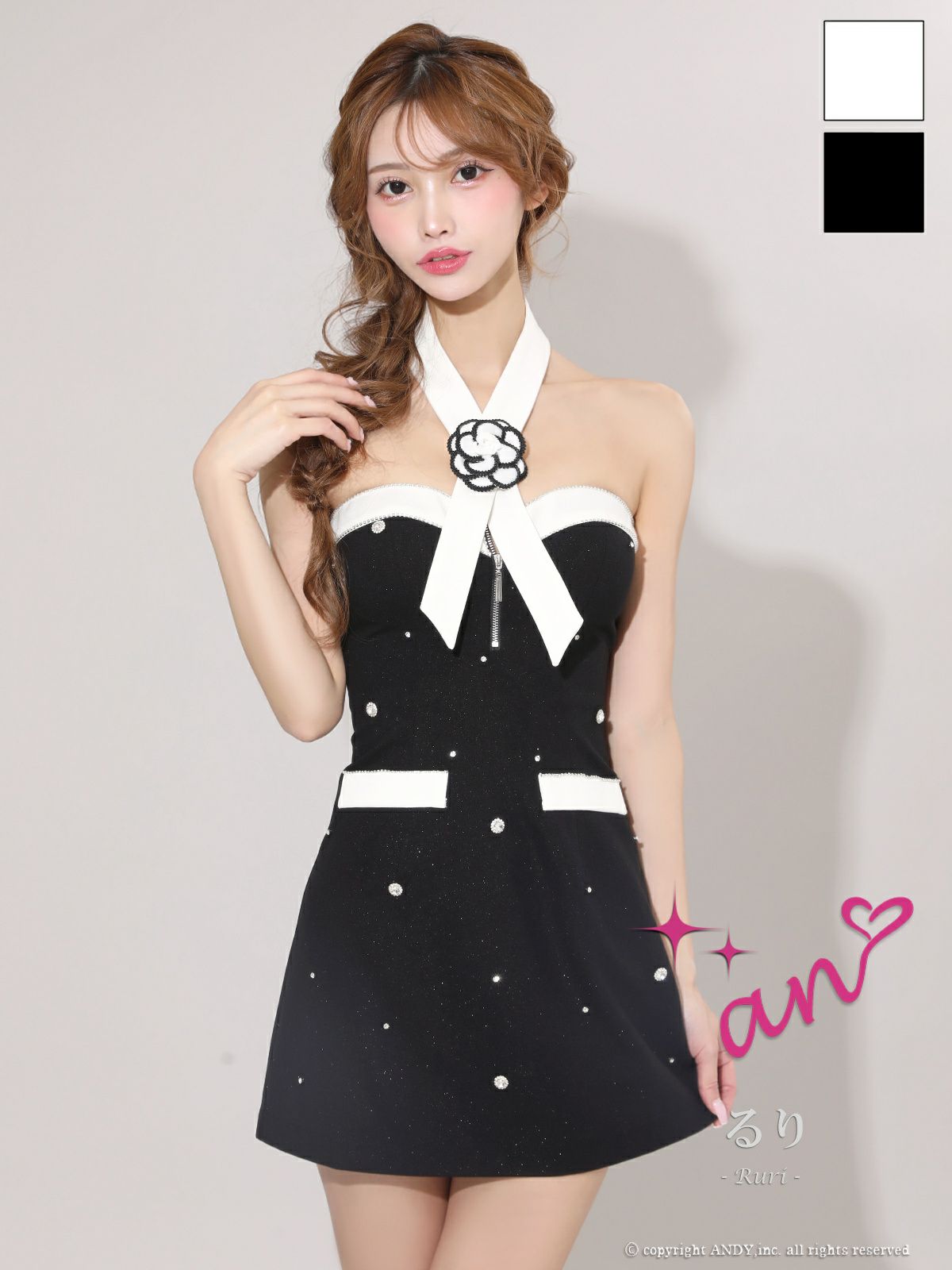 an/アン】ジップデザイン ベアトップ バイカラー ビジュー ラメ