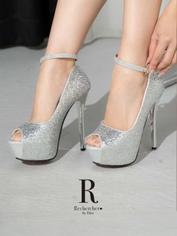 キャバヒール Rechercher ルシェルシェ スパンコール アンクルストラップ付き オープントゥ パンプス