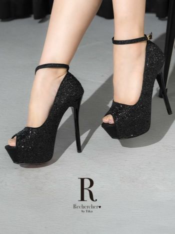 キャバヒール Rechercher ルシェルシェ アンクルストラップ付き オープントゥ スパンコール パンプス