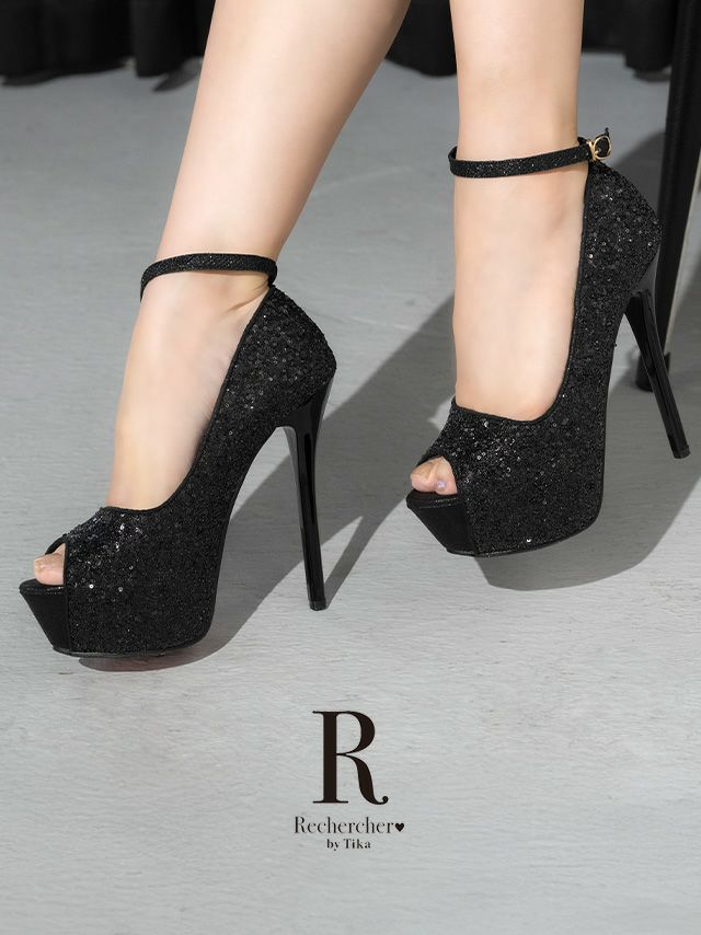 キャバヒール Rechercher ルシェルシェ アンクルストラップ付き オープントゥ スパンコール パンプス