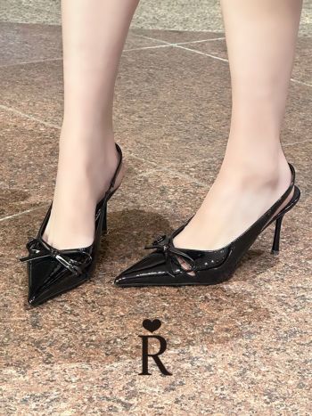 キャバヒール リボンデザイン ポインテッドトゥ スリングバック パンプス