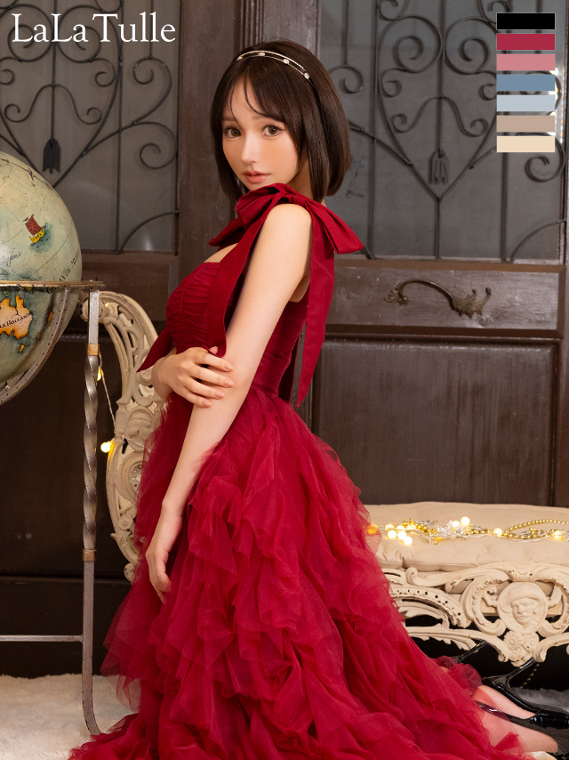 キャバドレス ROBEdeFLEURS ローブドフルール ノースリーブ チュール リボンショルダー ボリューム Aラインロングドレス