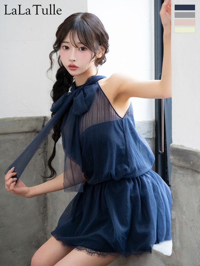 LaLa Tulle ネイビー ミニドレス Lip line/リップライン】ウエストの透け感が大人可愛い♪シフォン