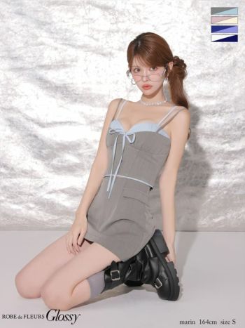 キャバドレス Glossy by ROBE de FLEURS グロッシー キャミソール リボン レイヤード セットアップ バイカラー タイトミニドレス