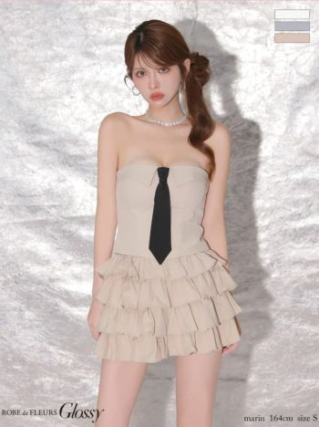 キャバドレス Glossy by ROBE de FLEURS グロッシー キャミソール ネクタイ付き ティアードフリル セットアップ 2way ベア フレアミニドレス