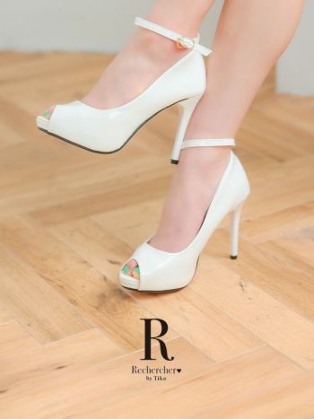 キャバヒール Rechercher ルシェルシェ アンクルストラップ付き オープントゥ エナメル パンプス