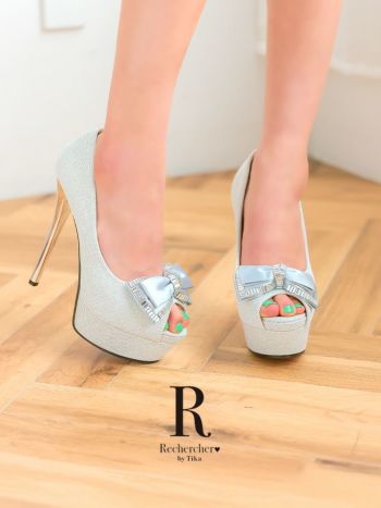 キャバヒール Rechercher ルシェルシェ ビッグリボン ビジュー グリッター オープントゥ パンプス
