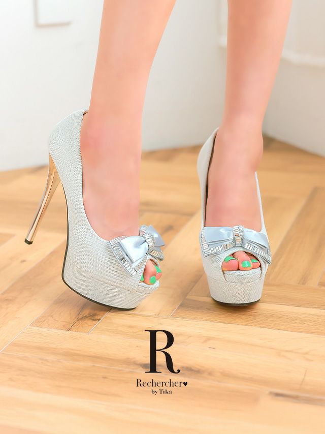 キャバヒール Rechercher ルシェルシェ ビッグリボン ビジュー グリッター オープントゥ パンプス