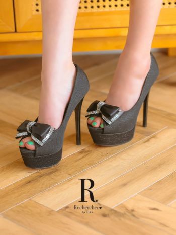 キャバヒール Rechercher ルシェルシェ ビジュー グリッター オープントゥ ビッグリボン パンプス